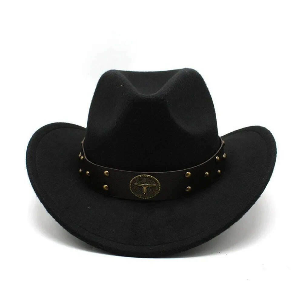 KIMLUD, Unisex Cowboy Hats Western Caps For Women And Men Woolen 57-58cm Wide Straps Rivet Decoration Curved Brim Jazz NZ0080, KIMLUD Womens Clothes