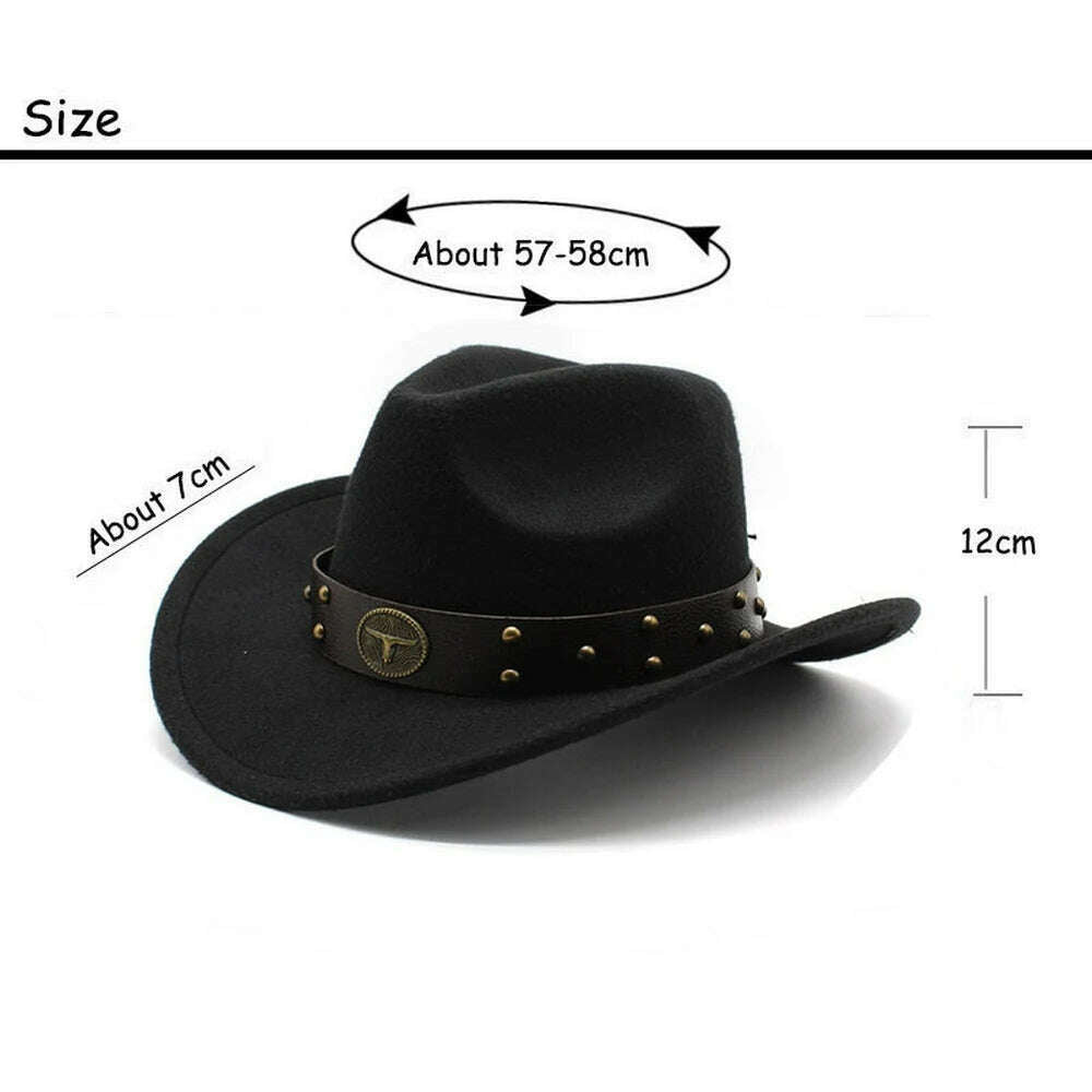 KIMLUD, Unisex Cowboy Hats Western Caps For Women And Men Woolen 57-58cm Wide Straps Rivet Decoration Curved Brim Jazz NZ0080, KIMLUD Womens Clothes