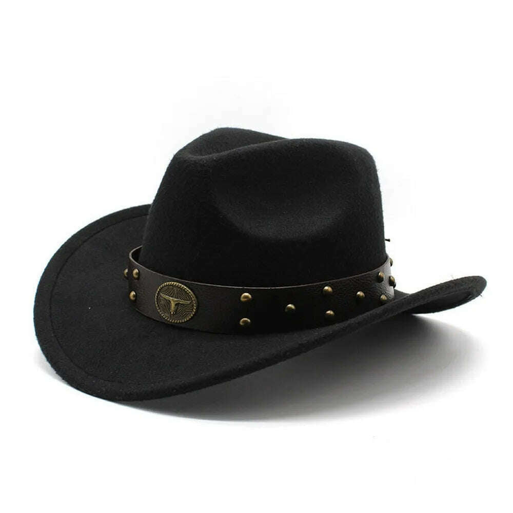 KIMLUD, Unisex Cowboy Hats Western Caps For Women And Men Woolen 57-58cm Wide Straps Rivet Decoration Curved Brim Jazz NZ0080, KIMLUD Womens Clothes