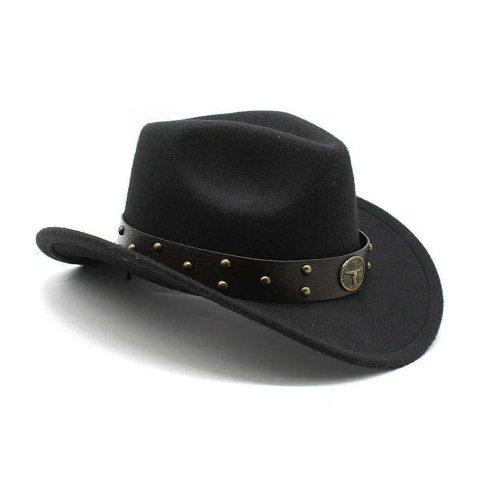 KIMLUD, Unisex Cowboy Hats Western Caps For Women And Men Woolen 57-58cm Wide Straps Rivet Decoration Curved Brim Jazz NZ0080, KIMLUD Womens Clothes