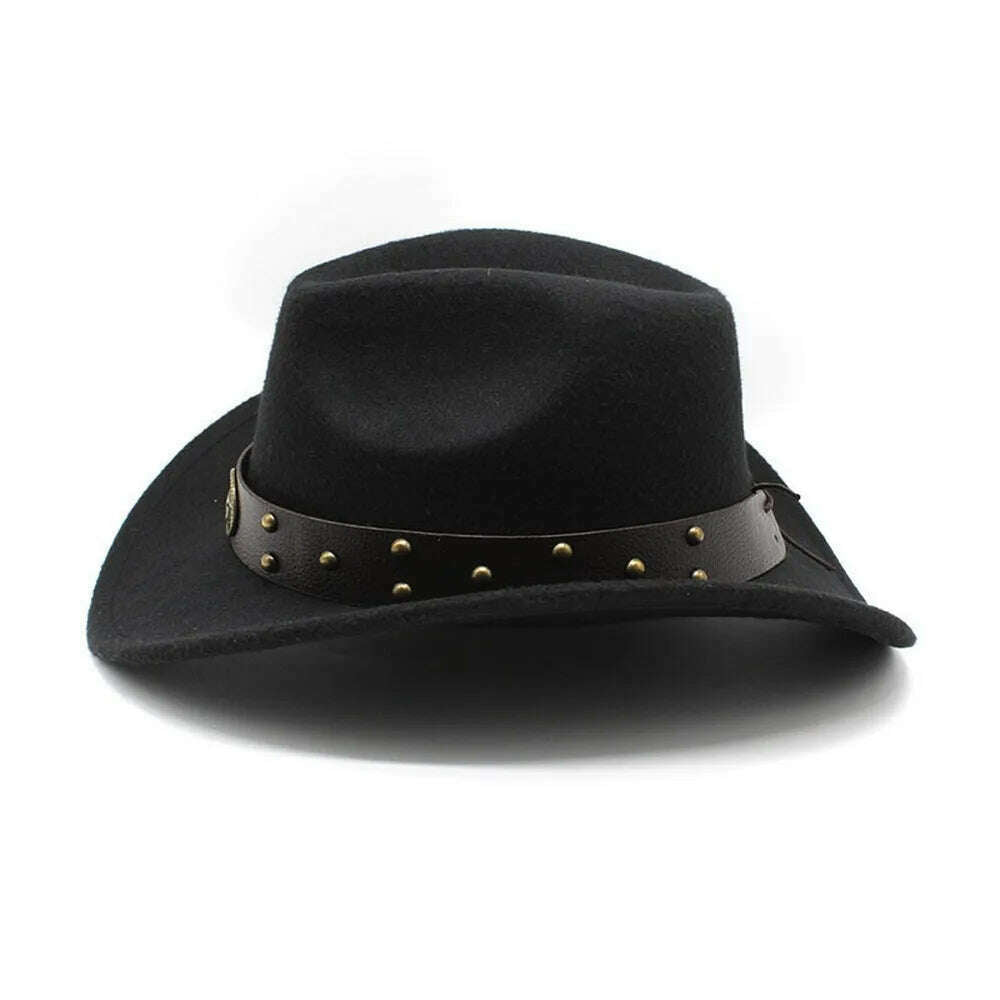 KIMLUD, Unisex Cowboy Hats Western Caps For Women And Men Woolen 57-58cm Wide Straps Rivet Decoration Curved Brim Jazz NZ0080, KIMLUD Womens Clothes