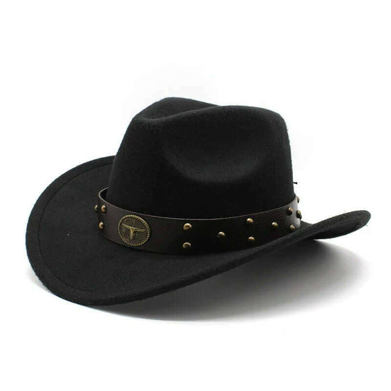KIMLUD, Unisex Cowboy Hats Western Caps For Women And Men Woolen 57-58cm Wide Straps Rivet Decoration Curved Brim Jazz NZ0080, black / 57-58cm, KIMLUD Womens Clothes