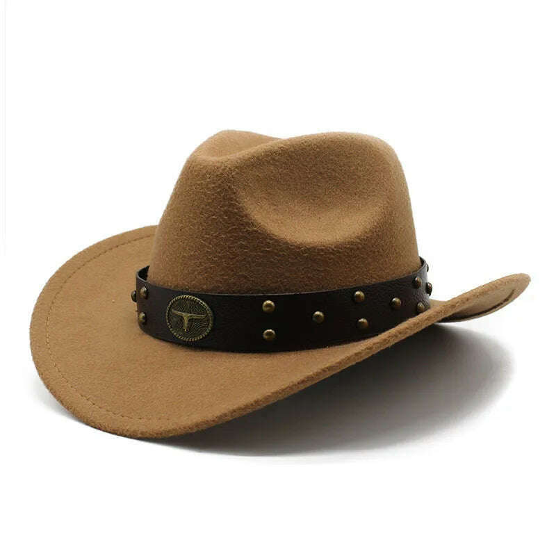 KIMLUD, Unisex Cowboy Hats Western Caps For Women And Men Woolen 57-58cm Wide Straps Rivet Decoration Curved Brim Jazz NZ0080, Khaki / 57-58cm, KIMLUD Womens Clothes