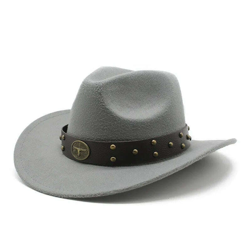 KIMLUD, Unisex Cowboy Hats Western Caps For Women And Men Woolen 57-58cm Wide Straps Rivet Decoration Curved Brim Jazz NZ0080, GRAY / 57-58cm, KIMLUD Womens Clothes