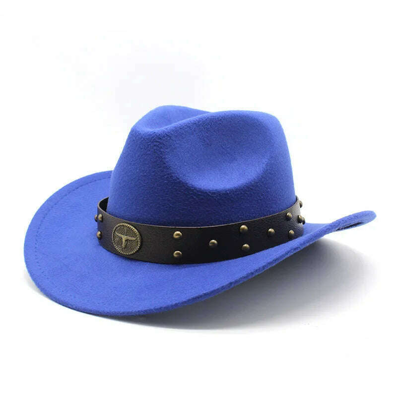 KIMLUD, Unisex Cowboy Hats Western Caps For Women And Men Woolen 57-58cm Wide Straps Rivet Decoration Curved Brim Jazz NZ0080, Blue / 57-58cm, KIMLUD Womens Clothes