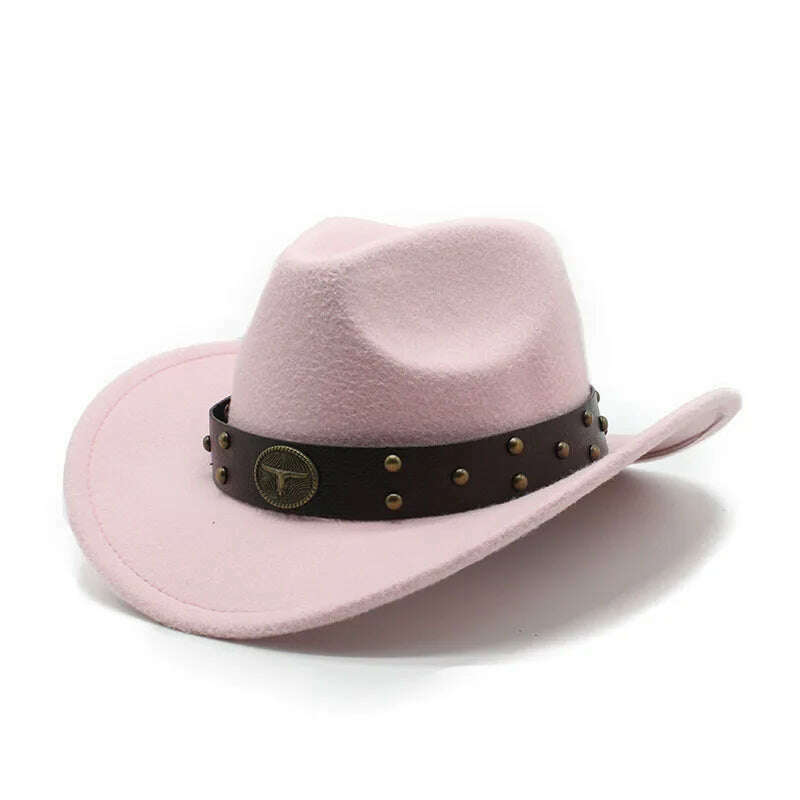 KIMLUD, Unisex Cowboy Hats Western Caps For Women And Men Woolen 57-58cm Wide Straps Rivet Decoration Curved Brim Jazz NZ0080, Pink / 57-58cm, KIMLUD Womens Clothes