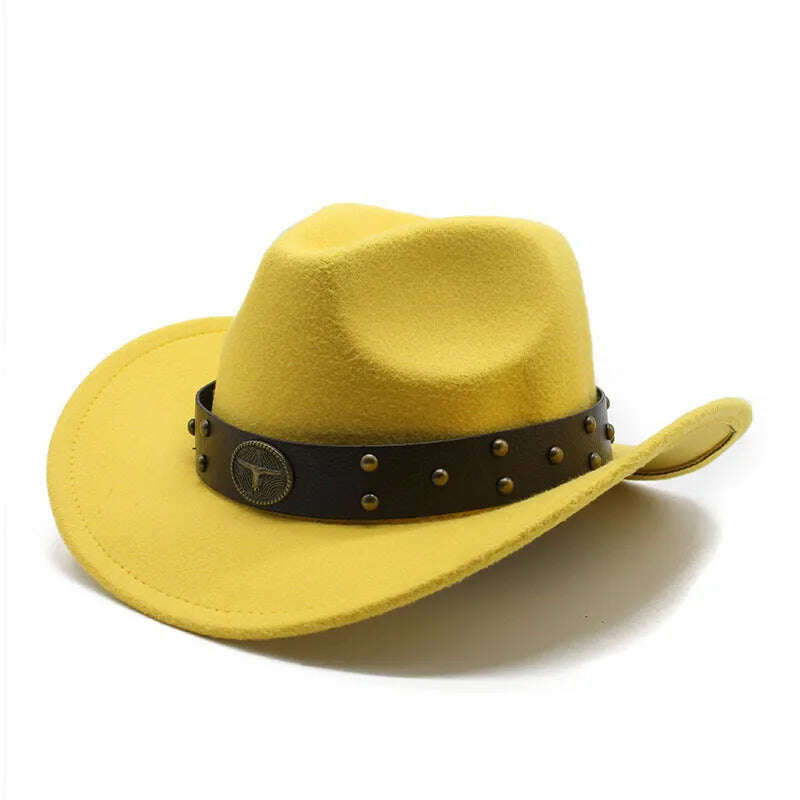 KIMLUD, Unisex Cowboy Hats Western Caps For Women And Men Woolen 57-58cm Wide Straps Rivet Decoration Curved Brim Jazz NZ0080, Yellow / 57-58cm, KIMLUD Womens Clothes
