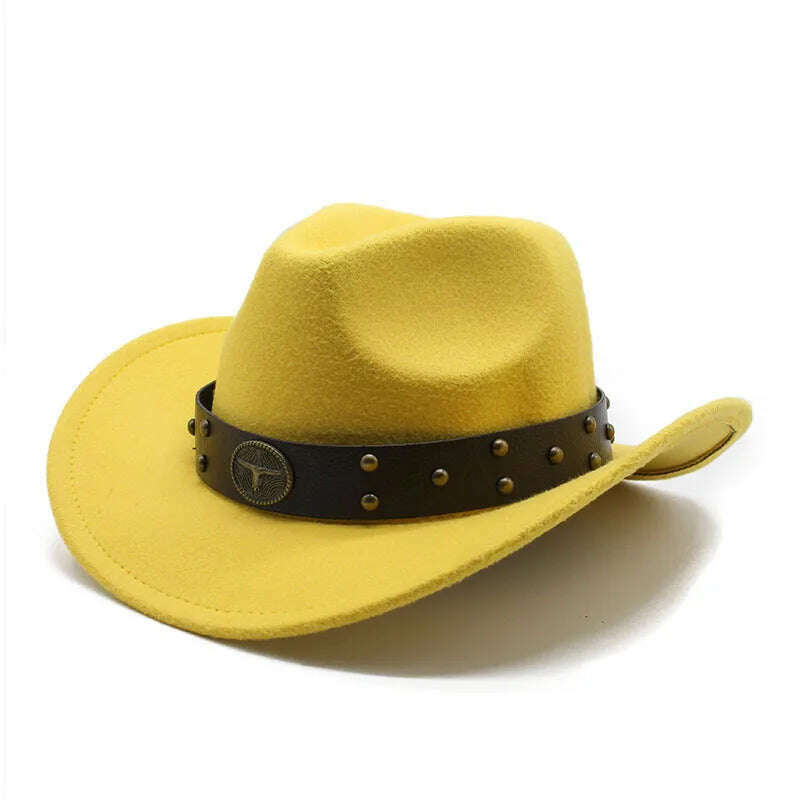 KIMLUD, Unisex Cowboy Hats Western Caps For Women And Men Woolen 57-58cm Wide Straps Rivet Decoration Curved Brim Jazz NZ0080, Yellow / 57-58cm, KIMLUD APPAREL - Womens Clothes