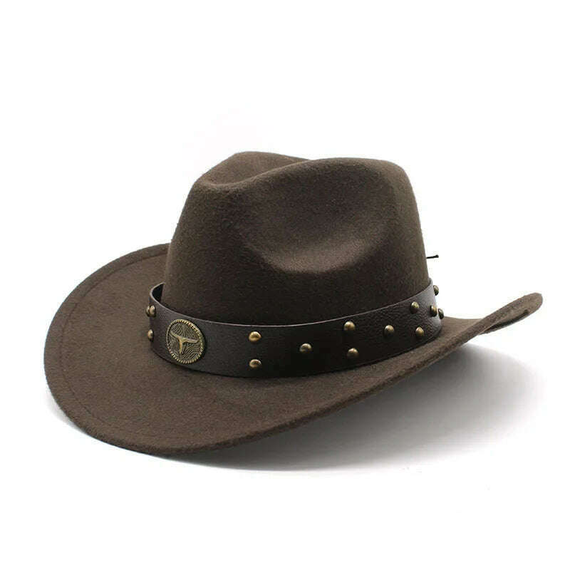 KIMLUD, Unisex Cowboy Hats Western Caps For Women And Men Woolen 57-58cm Wide Straps Rivet Decoration Curved Brim Jazz NZ0080, Brown / 57-58cm, KIMLUD Womens Clothes