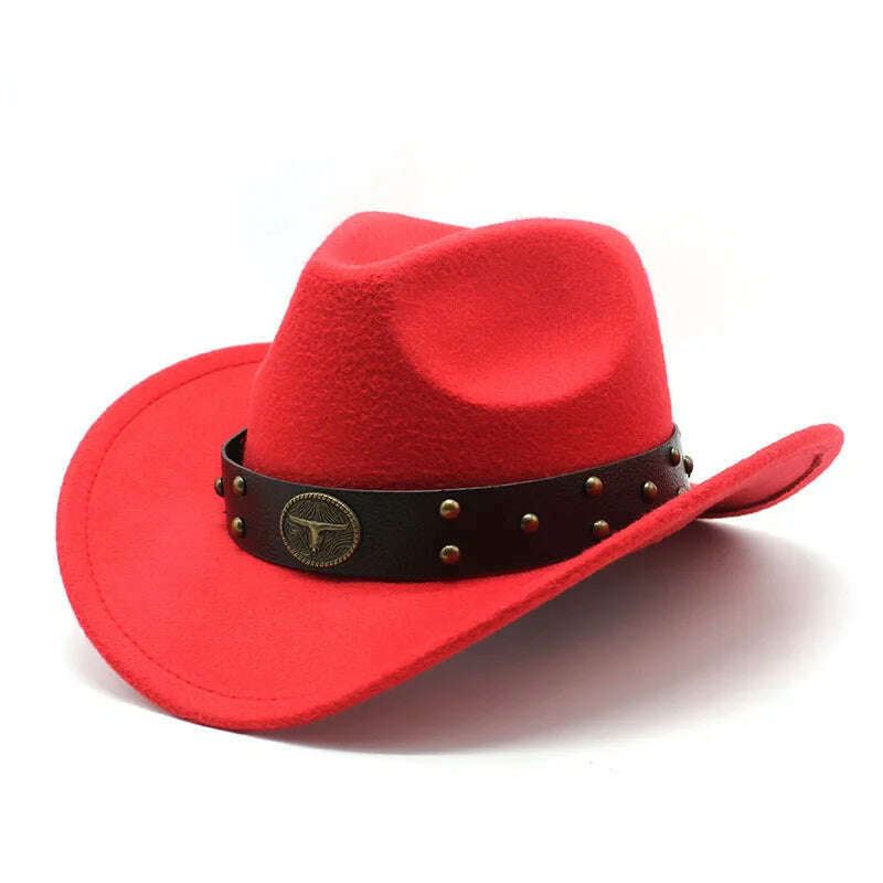 KIMLUD, Unisex Cowboy Hats Western Caps For Women And Men Woolen 57-58cm Wide Straps Rivet Decoration Curved Brim Jazz NZ0080, Red / 57-58cm, KIMLUD Womens Clothes