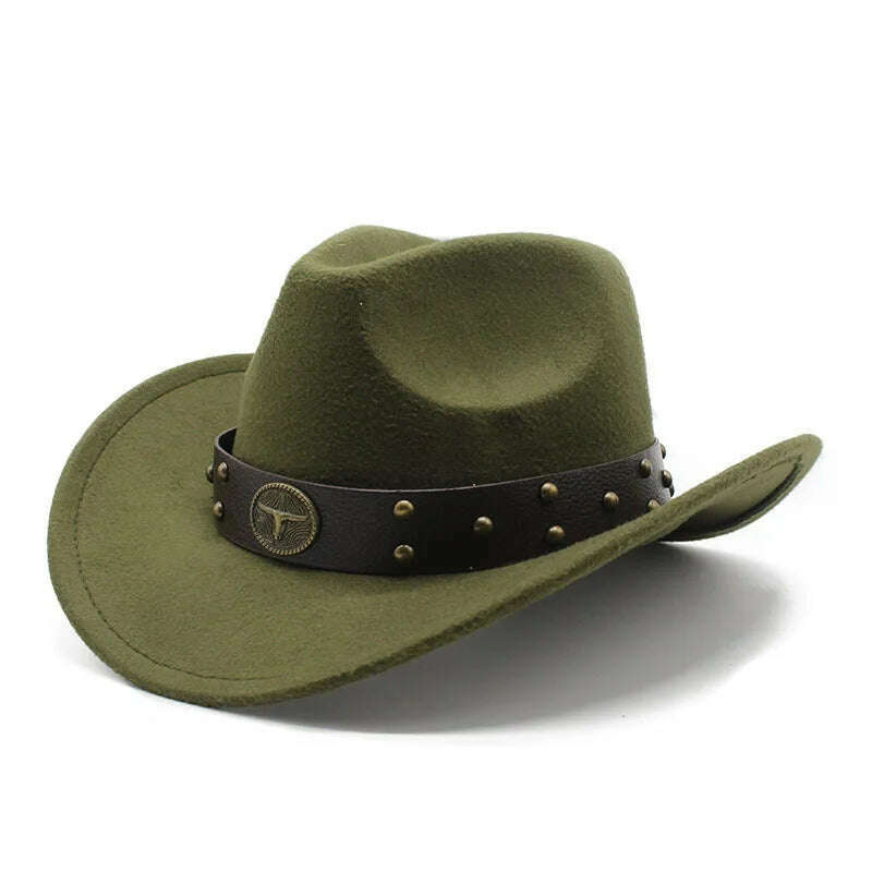 KIMLUD, Unisex Cowboy Hats Western Caps For Women And Men Woolen 57-58cm Wide Straps Rivet Decoration Curved Brim Jazz NZ0080, army green / 57-58cm, KIMLUD Womens Clothes