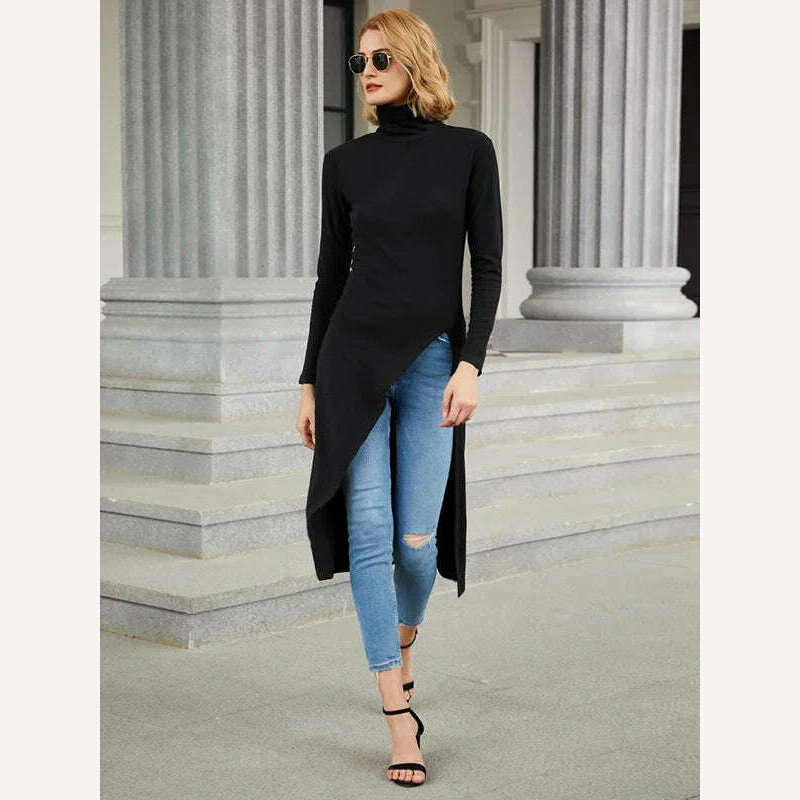 KIMLUD, Uoozee 2023 New Black Long Sleeves Skinny Tops Spring Korean Fashion Split-Side Turtleneck T-Shirt Long Shirt Top For Women, KIMLUD Womens Clothes