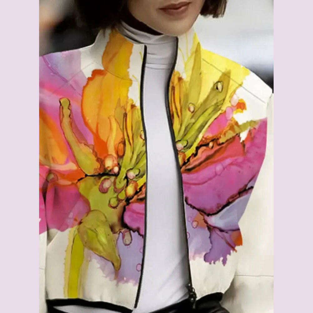UOOZEE 2024 New Autumn Women Stand Collar Jackets Fashion Elegant Floral Printed Puff Sleeves Loose Fit Casual Outerwears - KIMLUD