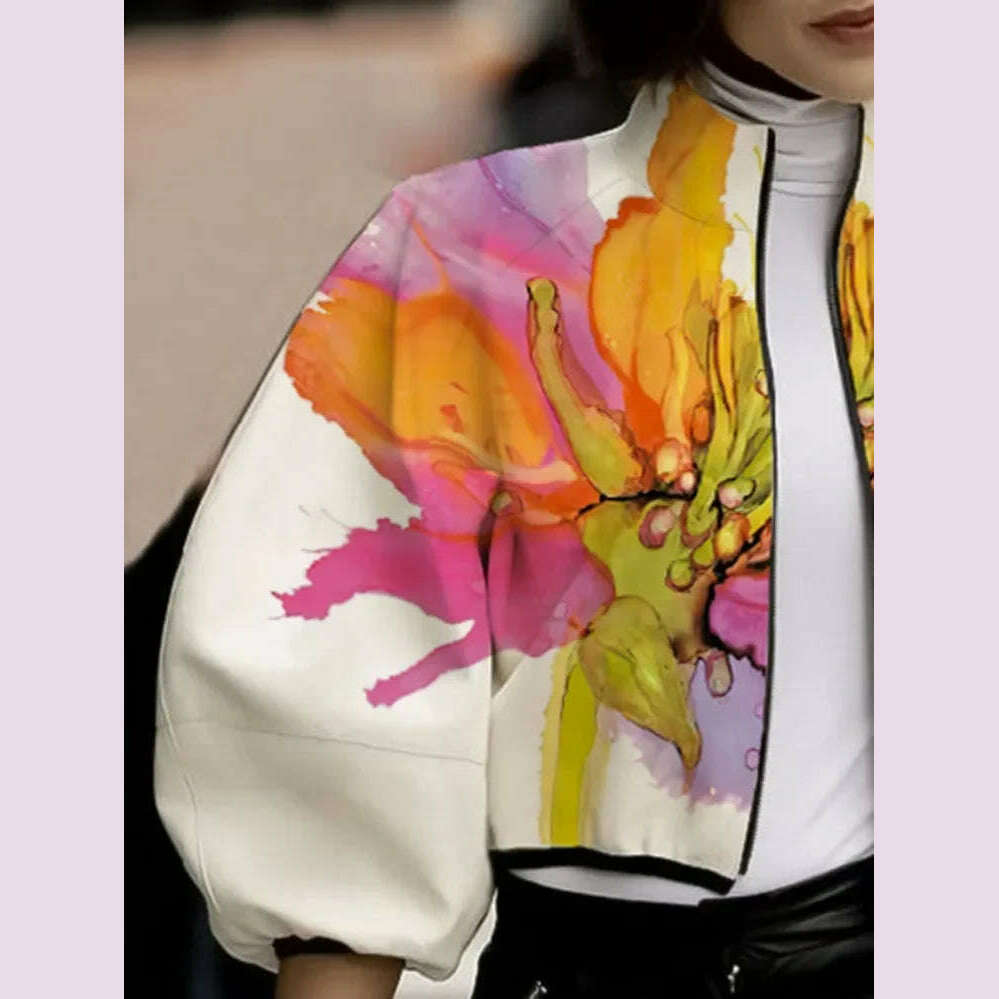 UOOZEE 2024 New Autumn Women Stand Collar Jackets Fashion Elegant Floral Printed Puff Sleeves Loose Fit Casual Outerwears - KIMLUD