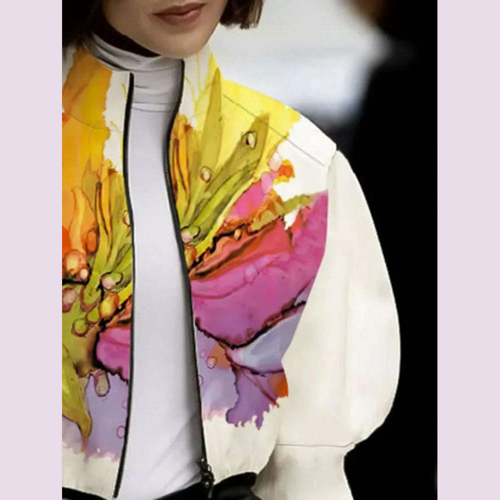 UOOZEE 2024 New Autumn Women Stand Collar Jackets Fashion Elegant Floral Printed Puff Sleeves Loose Fit Casual Outerwears - KIMLUD