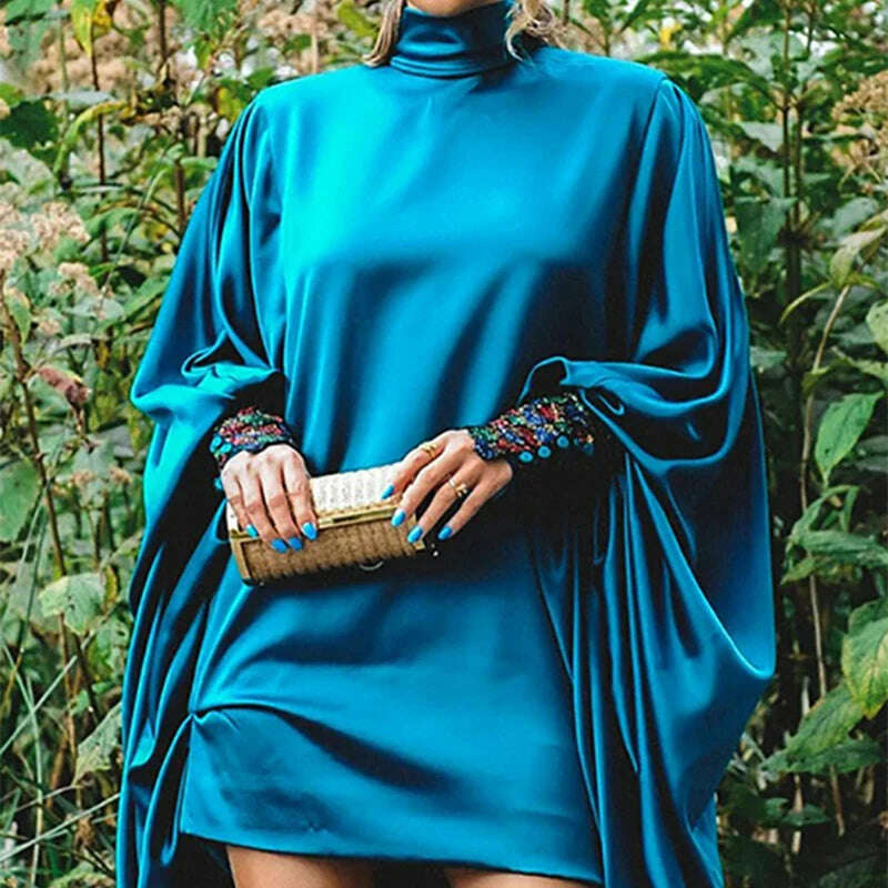 Uoozee 2024 New Vintage Elegant Blue Party Dress Loose Batwing Sleeves Buttoned Solid Color High-Neck Mini Dresses For Women - KIMLUD
