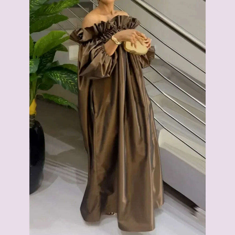 KIMLUD, UOOZEE 2025 New Spring Women Fashion Falbala Party Evening Maxi Dresses Puff Sleeve Off-The-Shoulder Loose Pleated Long Dress, KIMLUD Womens Clothes