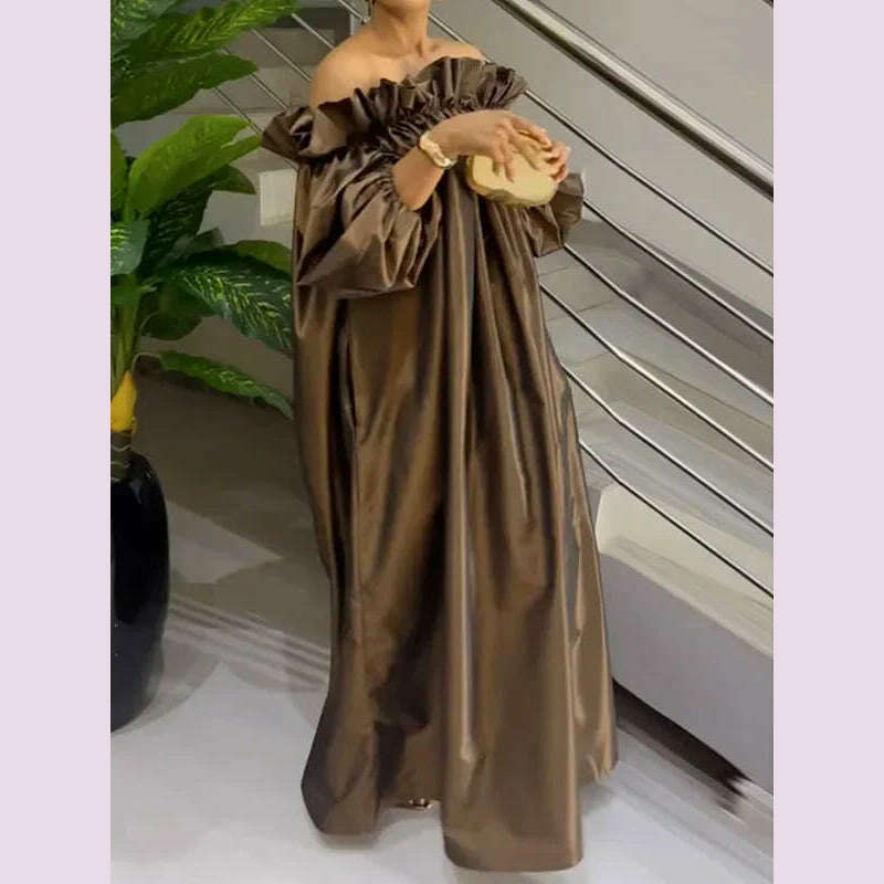 KIMLUD, UOOZEE 2025 New Spring Women Fashion Falbala Party Evening Maxi Dresses Puff Sleeve Off-The-Shoulder Loose Pleated Long Dress, KIMLUD Womens Clothes