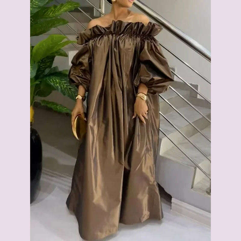 KIMLUD, UOOZEE 2025 New Spring Women Fashion Falbala Party Evening Maxi Dresses Puff Sleeve Off-The-Shoulder Loose Pleated Long Dress, KIMLUD Womens Clothes