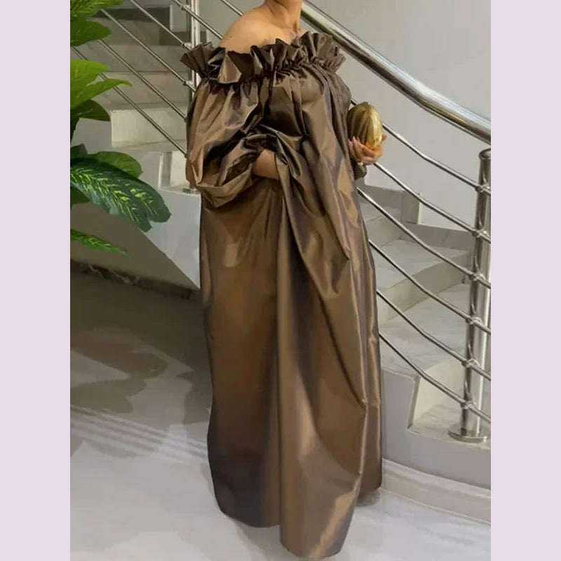 KIMLUD, UOOZEE 2025 New Spring Women Fashion Falbala Party Evening Maxi Dresses Puff Sleeve Off-The-Shoulder Loose Pleated Long Dress, BROWN / XXL, KIMLUD APPAREL - Womens Clothes
