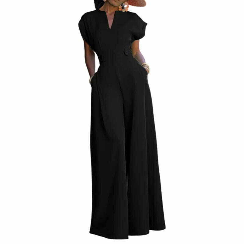 KIMLUD, Uoozee Female Elegant Party Evening Jumpsuit  2023 New Summer Fashion Solid Color Cap Sleeve Wide Leg Summer Jumpsuits For Women, Black / S, KIMLUD Women's Clothes
