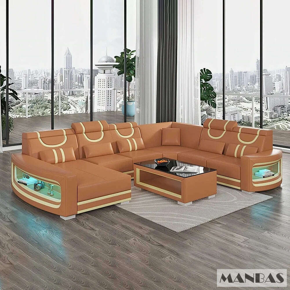 Upgrade Your Living Room with MANBAS Italian Genuine Leather Sofa - 2 Colors Combination, LED Light & Soft Cushions - KIMLUD