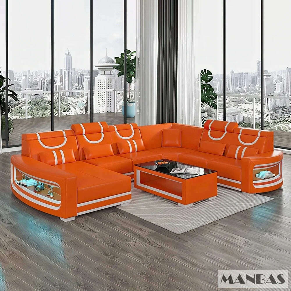 Upgrade Your Living Room with MANBAS Italian Genuine Leather Sofa - 2 Colors Combination, LED Light & Soft Cushions - KIMLUD