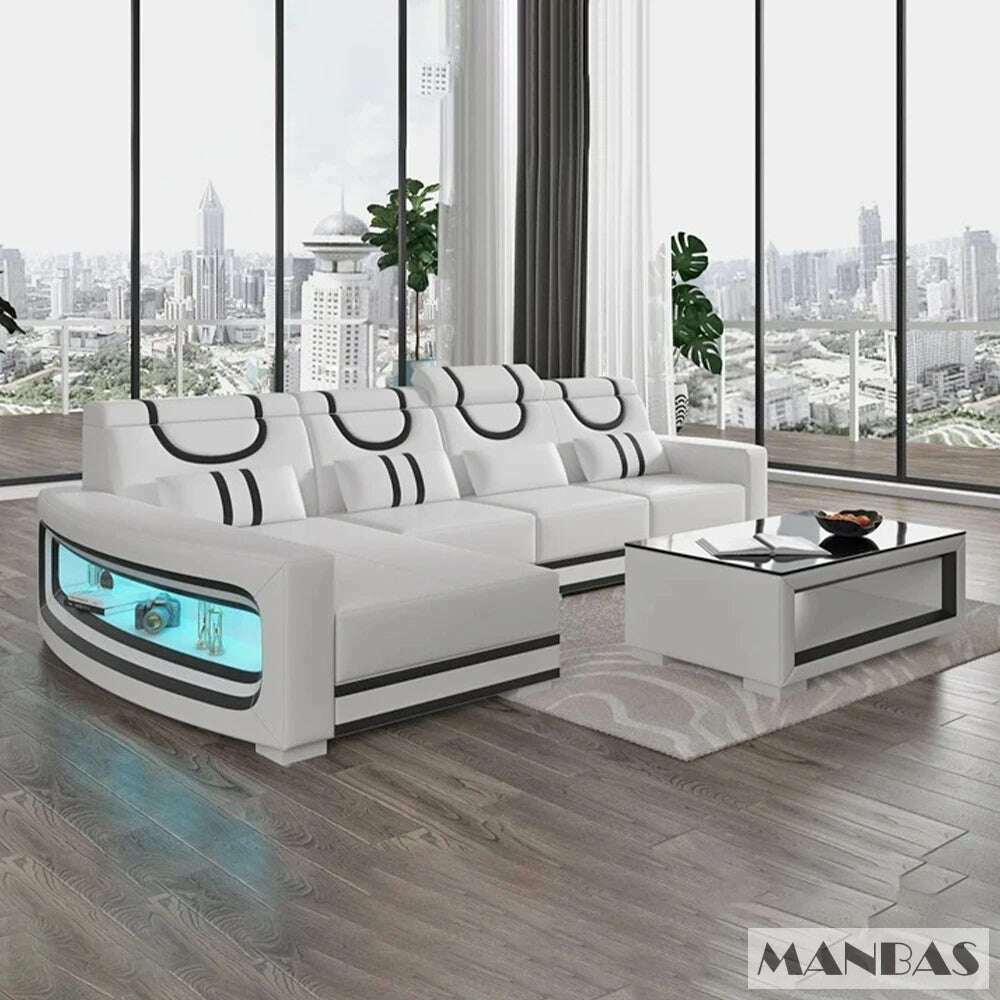 Upgrade Your Living Room with MANBAS Italian Genuine Leather Sofa - 2 Colors Combination, LED Light & Soft Cushions - KIMLUD