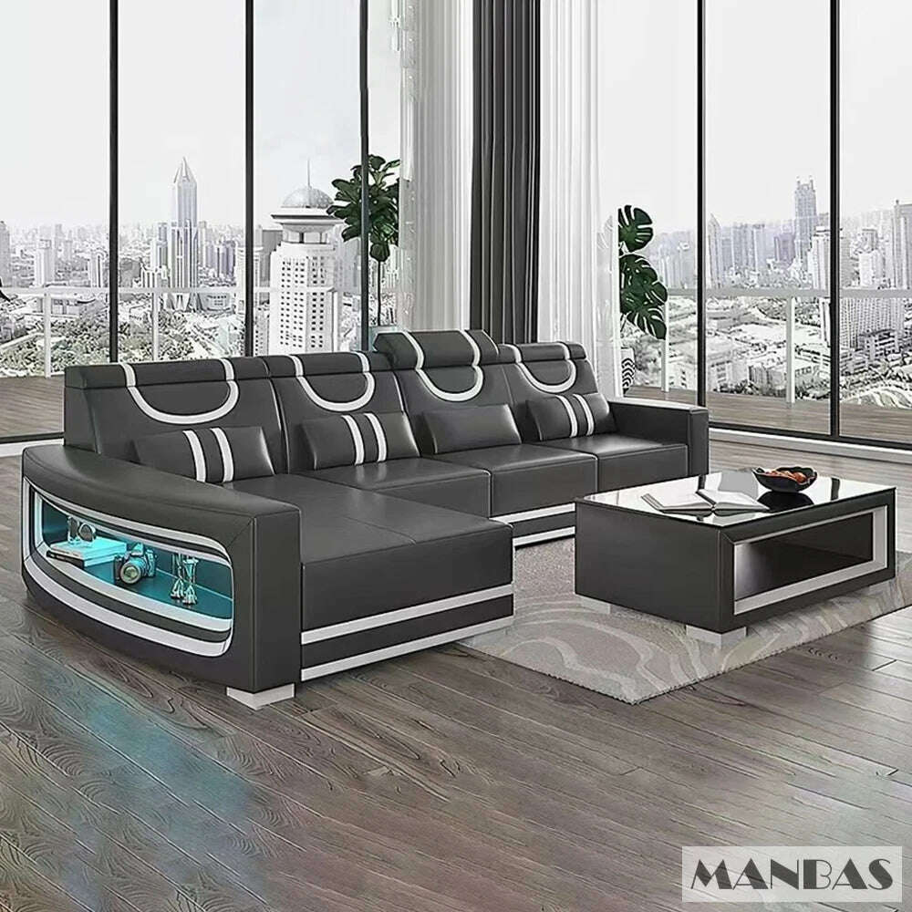 KIMLUD, Upgrade Your Living Room with MANBAS Italian Genuine Leather Sofa - 2 Colors Combination, LED Light & Soft Cushions, KIMLUD Women's Clothes