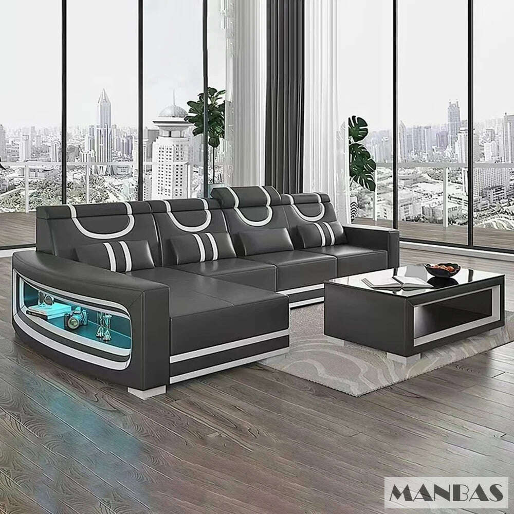 Upgrade Your Living Room with MANBAS Italian Genuine Leather Sofa - 2 Colors Combination, LED Light & Soft Cushions - KIMLUD