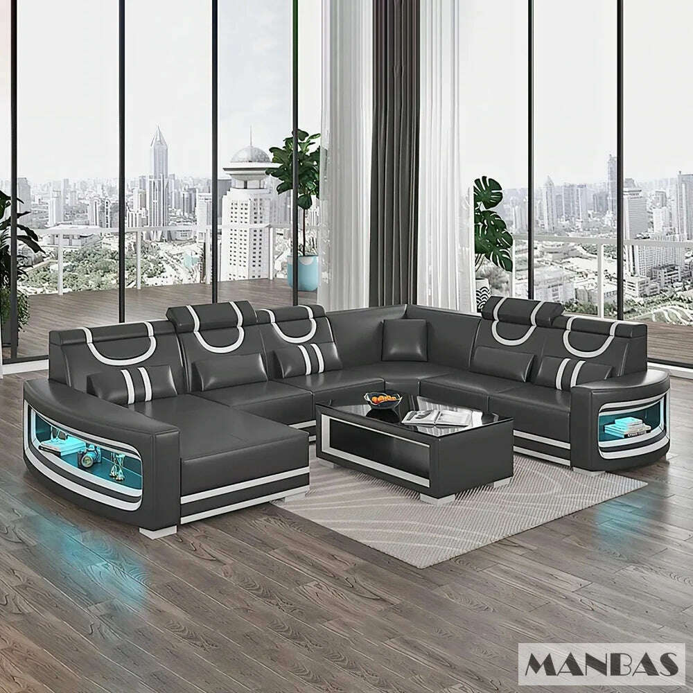 Upgrade Your Living Room with MANBAS Italian Genuine Leather Sofa - 2 Colors Combination, LED Light & Soft Cushions - KIMLUD
