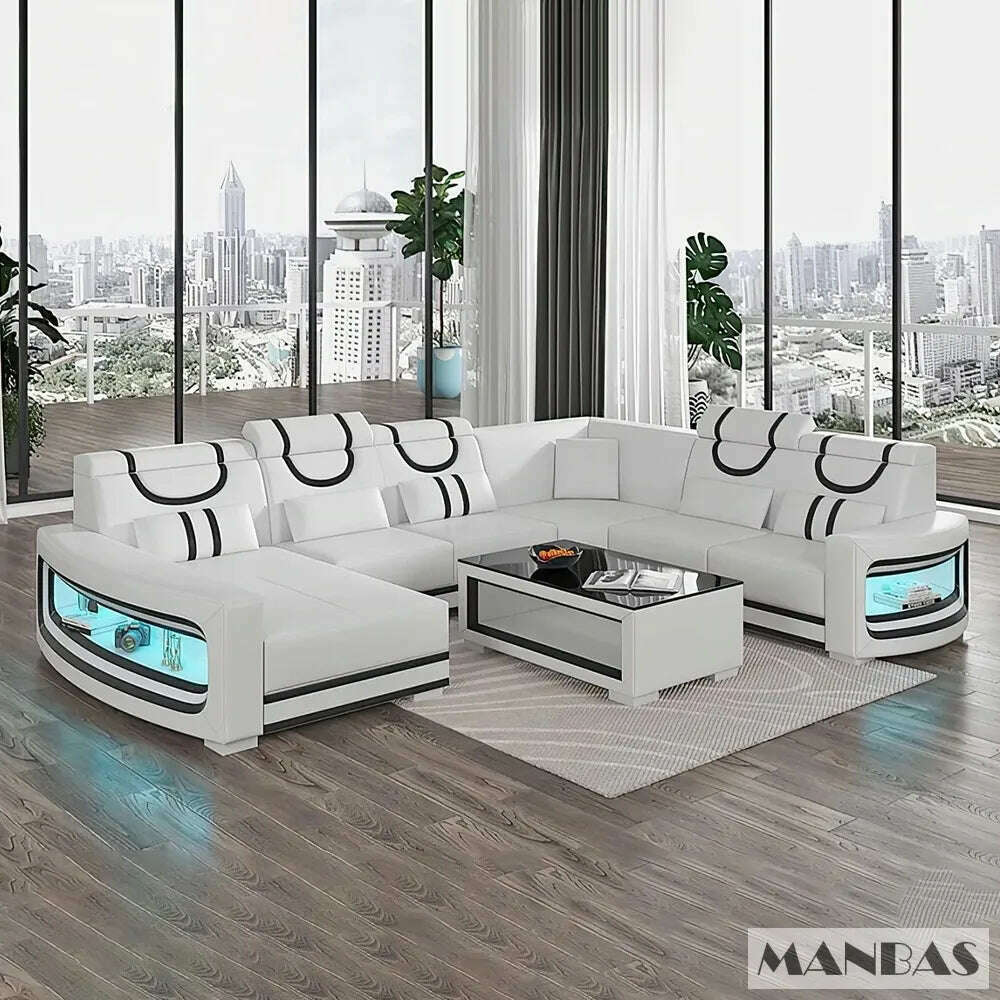 Upgrade Your Living Room with MANBAS Italian Genuine Leather Sofa - 2 Colors Combination, LED Light & Soft Cushions - KIMLUD