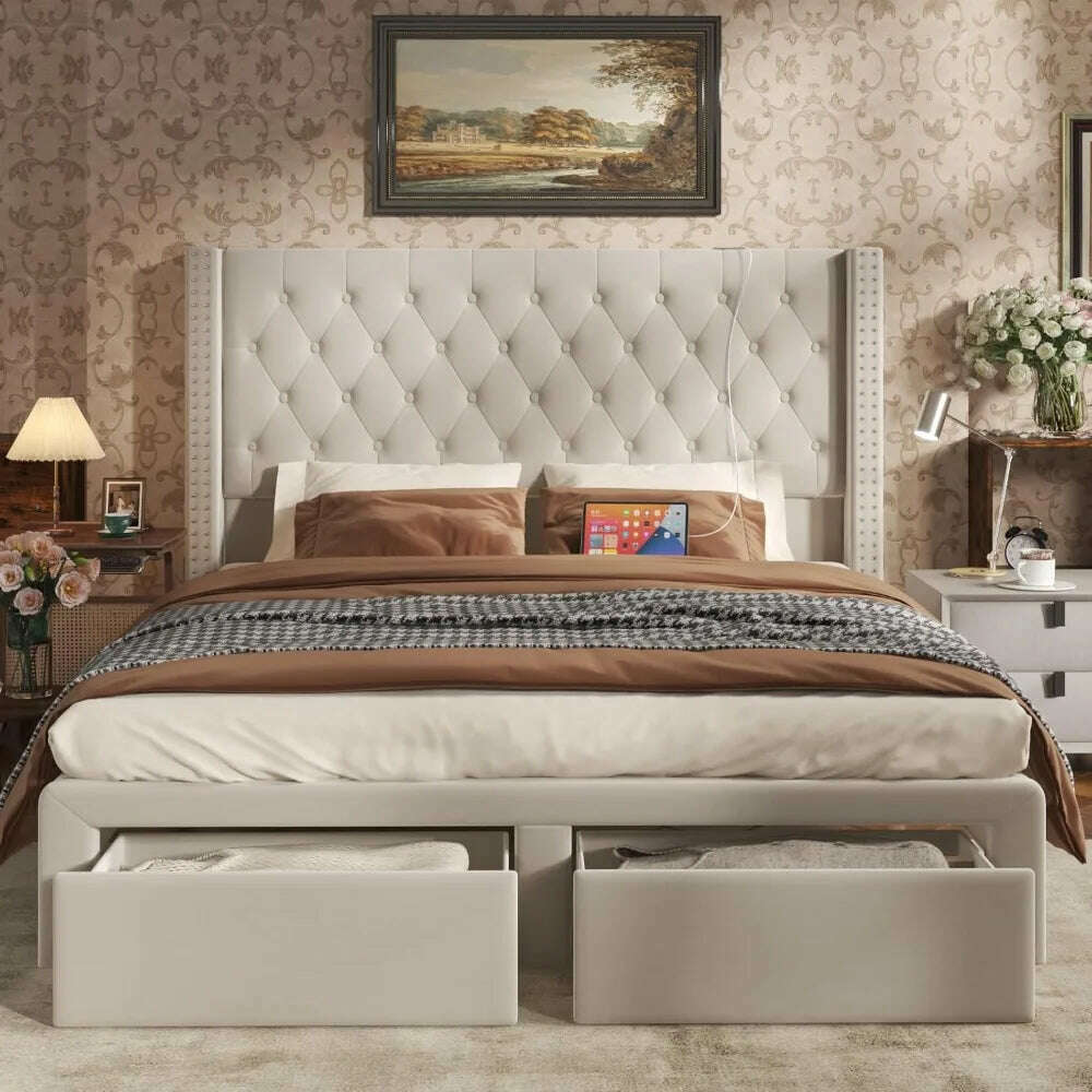 KIMLUD, Upholstered Bed Frame Queen with Headboard and Storage, Tall Bed Frame with 2 Drawers, Tufted Wingback Bed Frame Queen Si, KIMLUD Womens Clothes