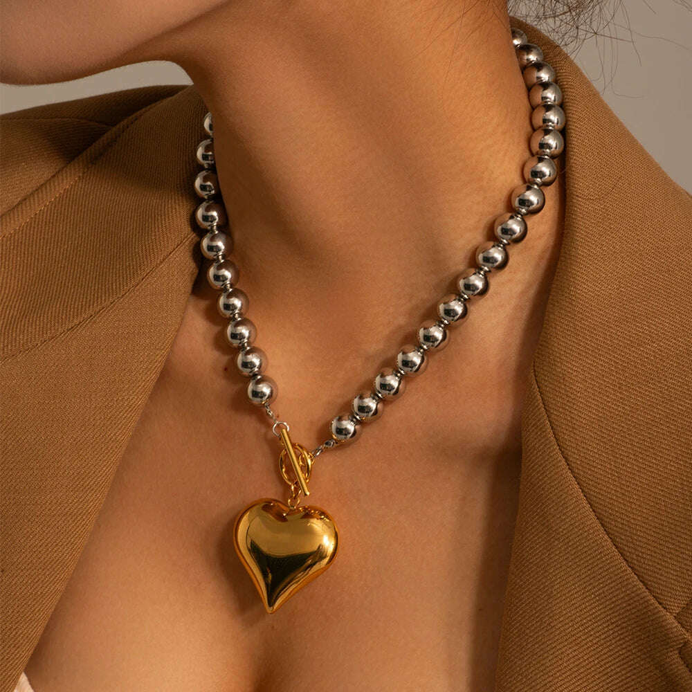 KIMLUD, Uworld 18k Gold Plated Stainless Steel Round Bead Jewelry Gift T Bar Chunky Heart Love Necklace Metal Waterproof Jewelry Women, KIMLUD Women's Clothes