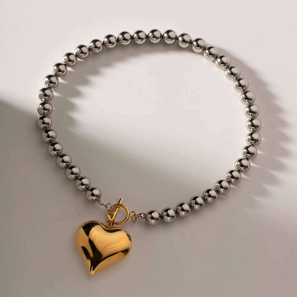 KIMLUD, Uworld 18k Gold Plated Stainless Steel Round Bead Jewelry Gift T Bar Chunky Heart Love Necklace Metal Waterproof Jewelry Women, KIMLUD Women's Clothes