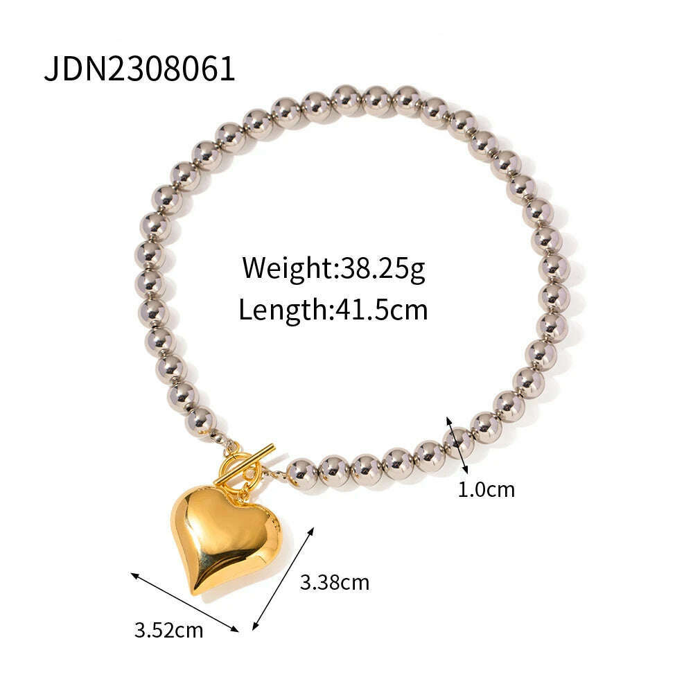 KIMLUD, Uworld 18k Gold Plated Stainless Steel Round Bead Jewelry Gift T Bar Chunky Heart Love Necklace Metal Waterproof Jewelry Women, JDN2308061, KIMLUD Women's Clothes