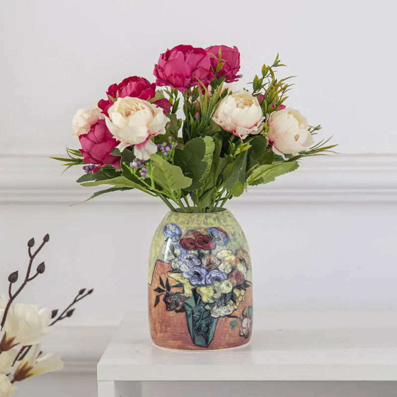 Van Gogh Ceramic Vase Bone China Pastoral Style Apricot Tree Home Decor Table Decoration Accessories - KIMLUD