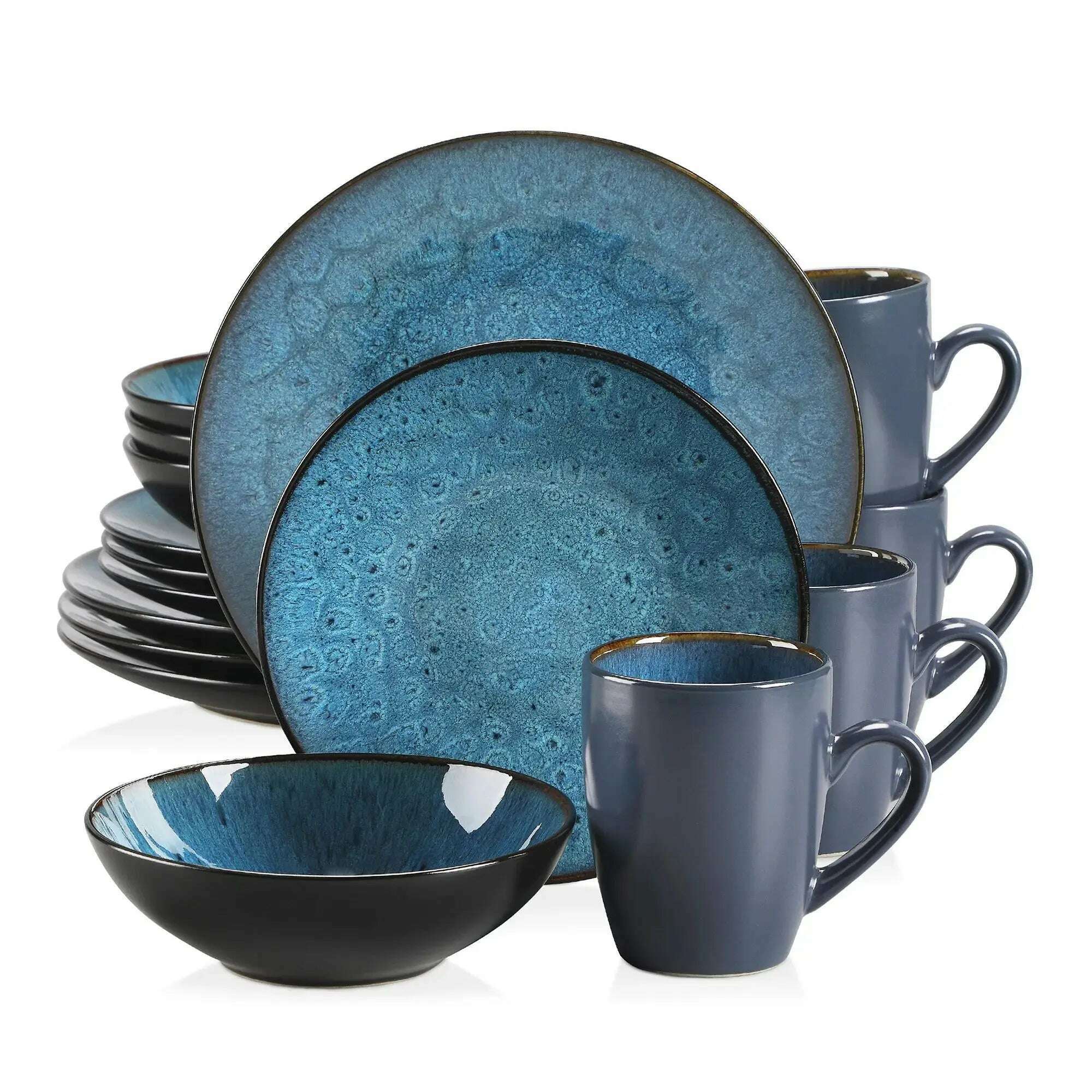 VANCASSO BUBBLE 16/32/48-Piece Tableware Set Vintage Ceramic Blue/Brown Stoneware Set with Dinner&Dessert Plate,Bowl,Coffee Cups - KIMLUD