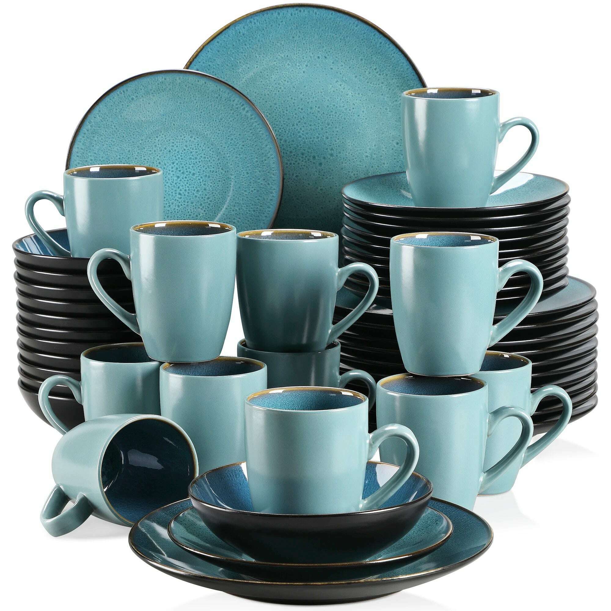 VANCASSO BUBBLE 16/32/48-Piece Tableware Set Vintage Ceramic Blue/Brown Stoneware Set with Dinner&Dessert Plate,Bowl,Coffee Cups - KIMLUD