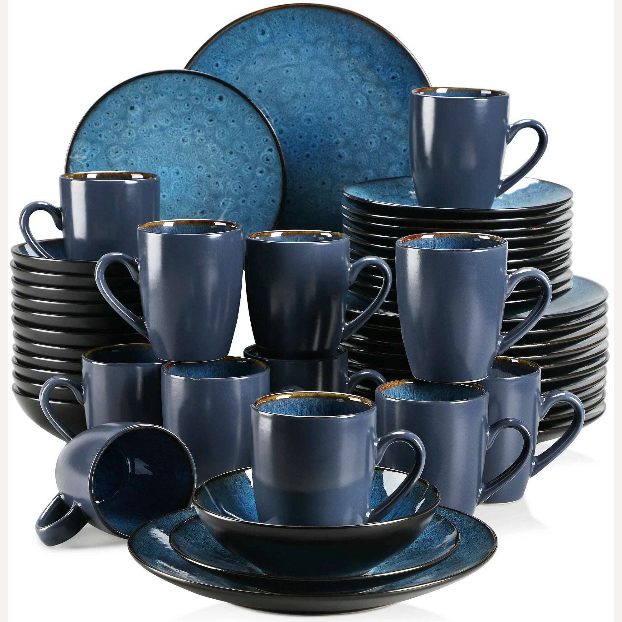 VANCASSO BUBBLE 16/32/48-Piece Tableware Set Vintage Ceramic Blue/Brown Stoneware Set with Dinner&Dessert Plate,Bowl,Coffee Cups - KIMLUD
