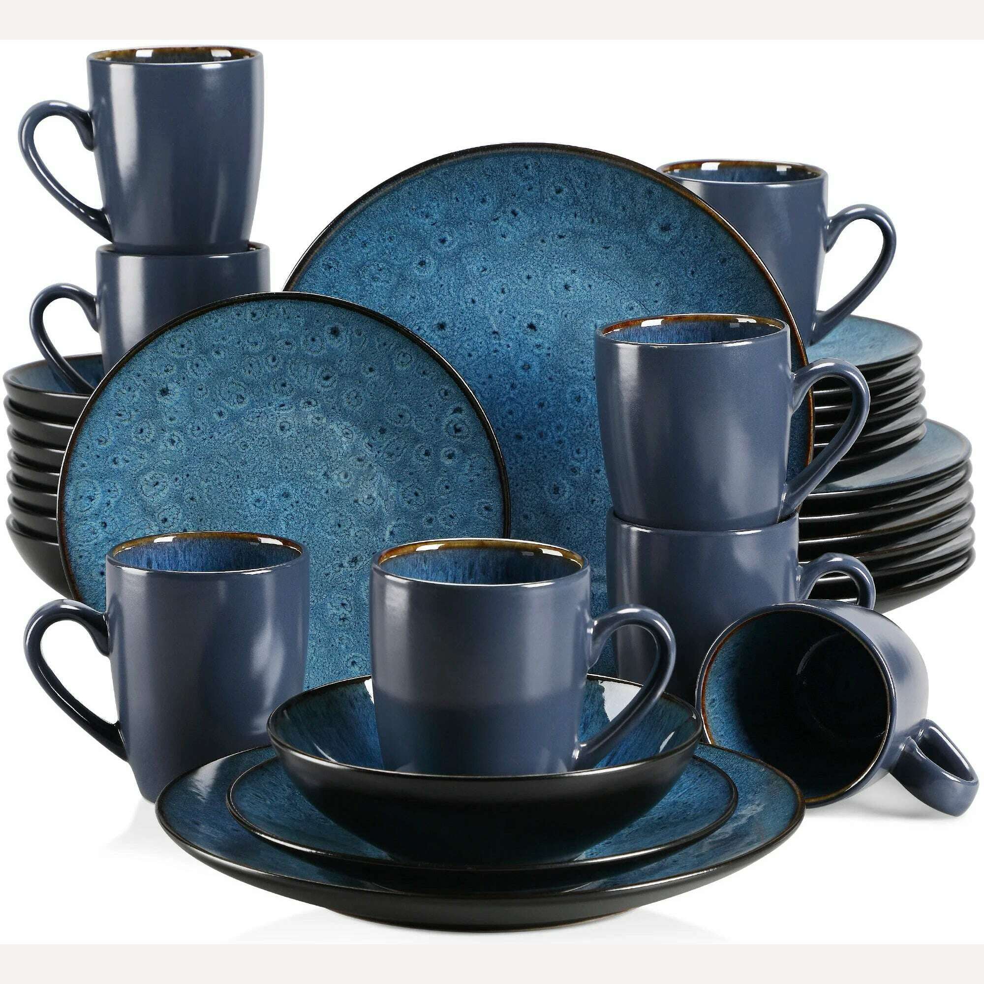 VANCASSO BUBBLE 16/32/48-Piece Tableware Set Vintage Ceramic Blue/Brown Stoneware Set with Dinner&Dessert Plate,Bowl,Coffee Cups - KIMLUD
