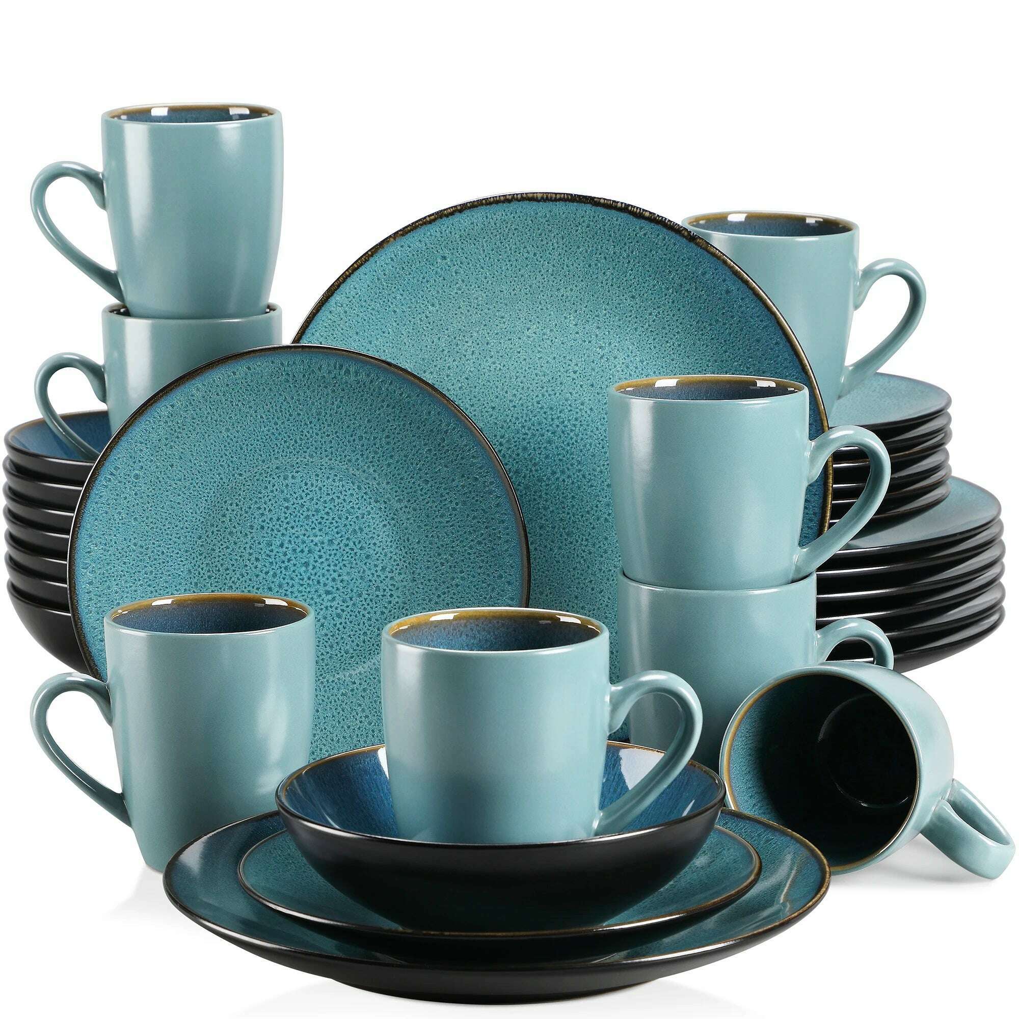 KIMLUD, VANCASSO BUBBLE 16/32/48-Piece Tableware Set Vintage Ceramic Blue/Brown Stoneware Set with Dinner&Dessert Plate,Bowl,Coffee Cups, Green-32-Piece / United Kingdom, KIMLUD Womens Clothes