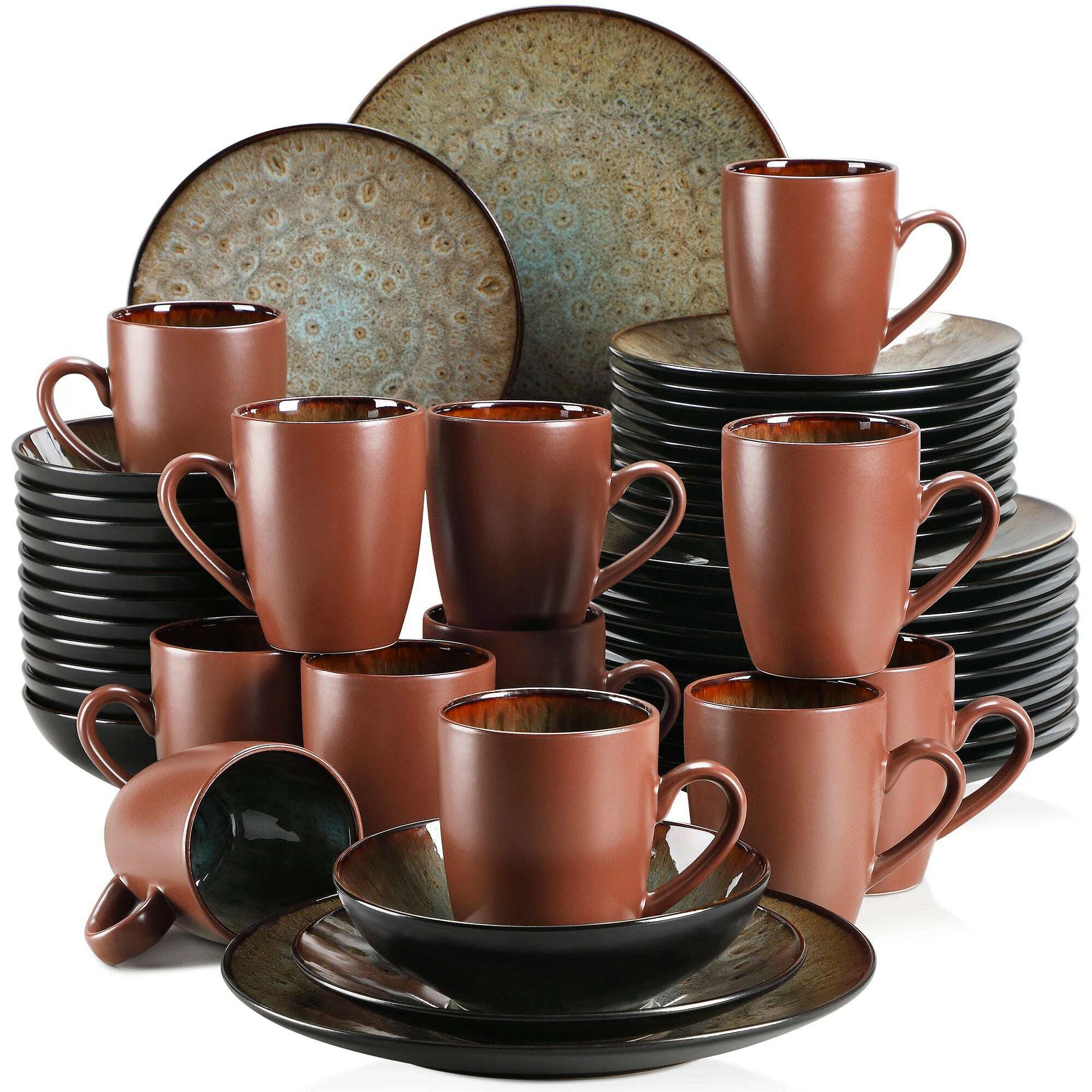VANCASSO BUBBLE 16/32/48-Piece Tableware Set Vintage Ceramic Blue/Brown Stoneware Set with Dinner&Dessert Plate,Bowl,Coffee Cups - KIMLUD