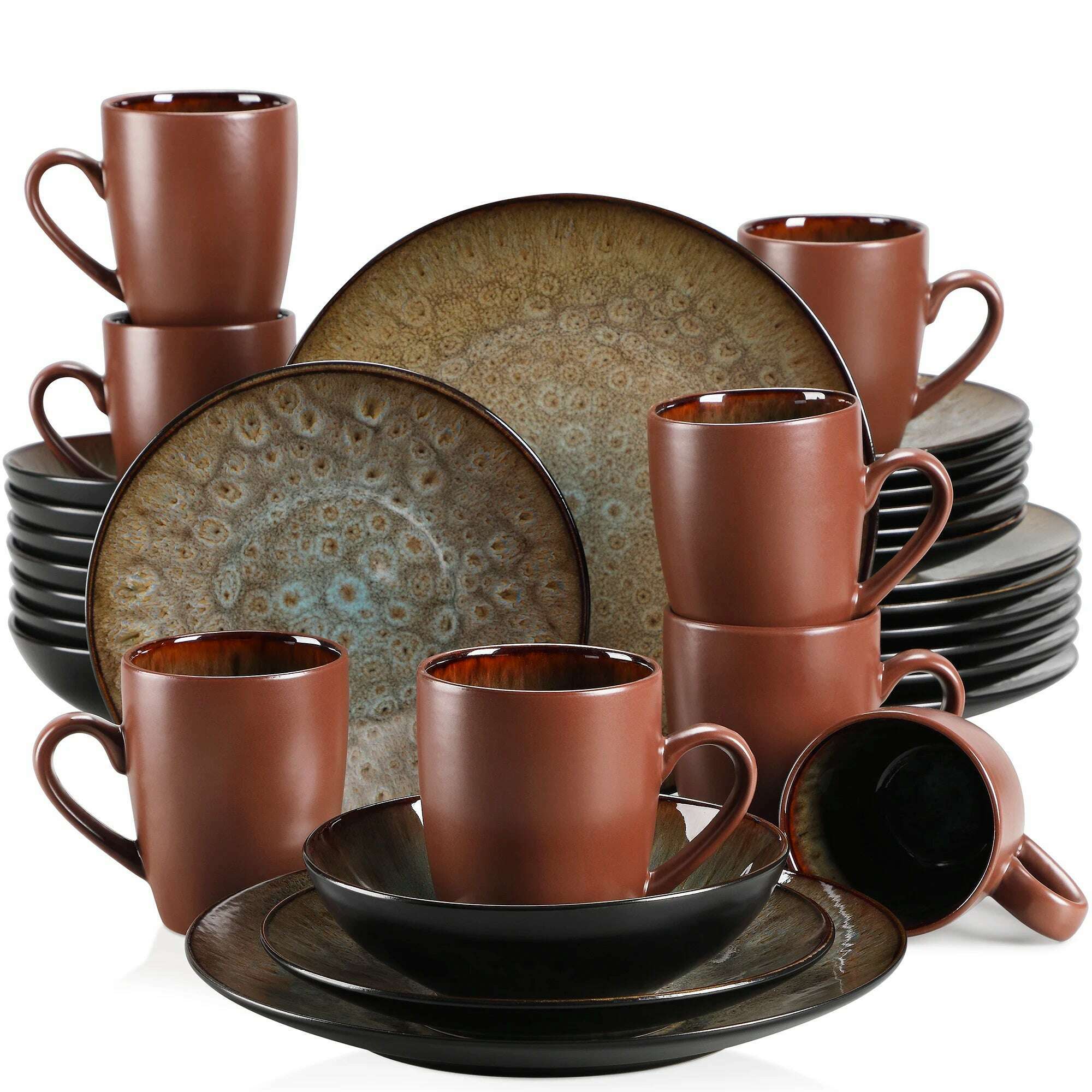 KIMLUD, VANCASSO BUBBLE 16/32/48-Piece Tableware Set Vintage Ceramic Blue/Brown Stoneware Set with Dinner&Dessert Plate,Bowl,Coffee Cups, Brown-32-Piece / GERMANY, KIMLUD Womens Clothes