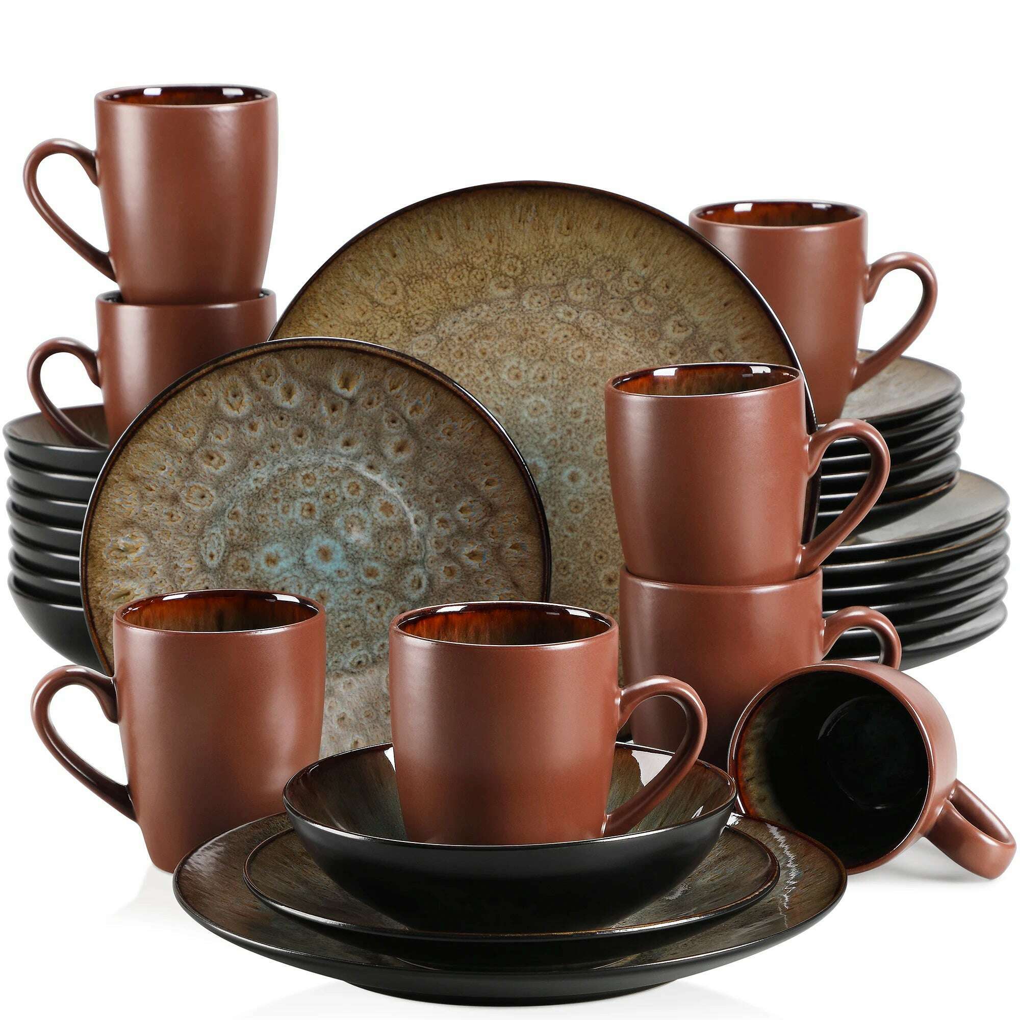 VANCASSO BUBBLE 16/32/48-Piece Tableware Set Vintage Ceramic Blue/Brown Stoneware Set with Dinner&Dessert Plate,Bowl,Coffee Cups - KIMLUD