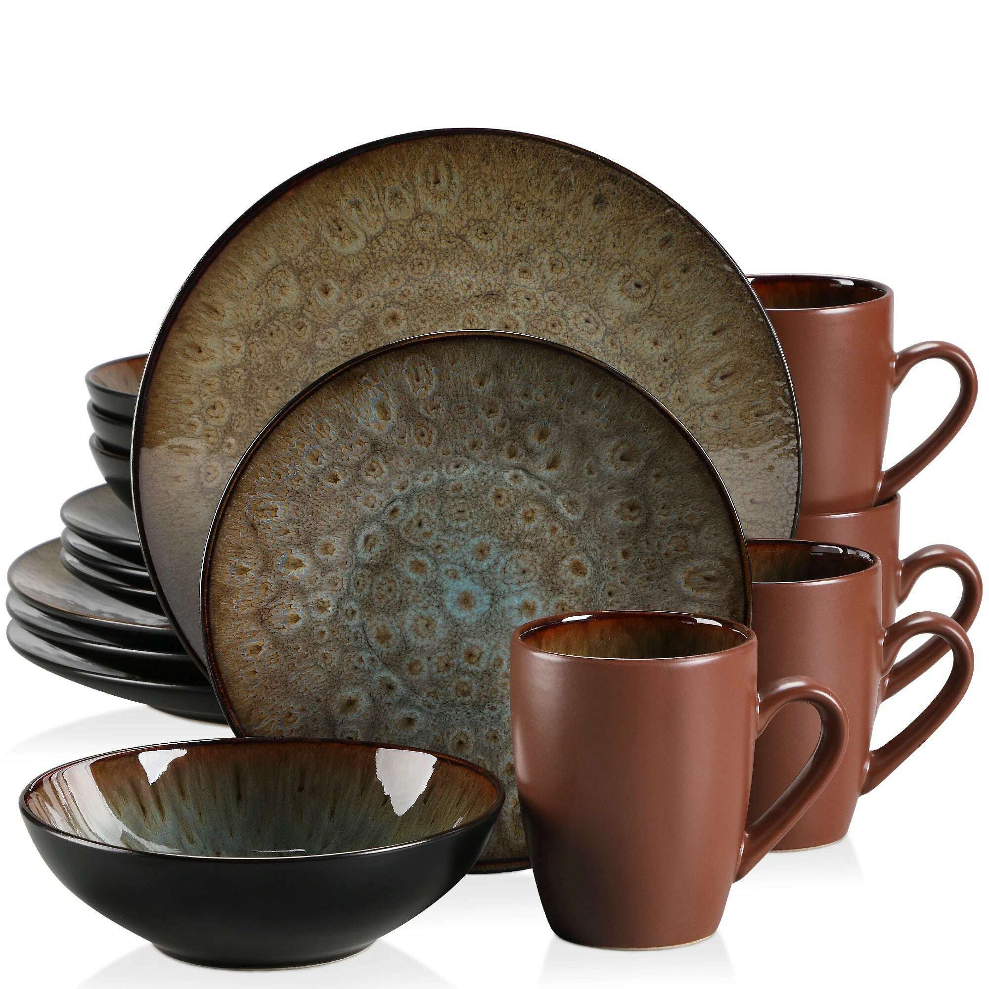 KIMLUD, VANCASSO BUBBLE 16/32/48-Piece Tableware Set Vintage Ceramic Blue/Brown Stoneware Set with Dinner&Dessert Plate,Bowl,Coffee Cups, Brown-16-Piece / United Kingdom, KIMLUD Womens Clothes