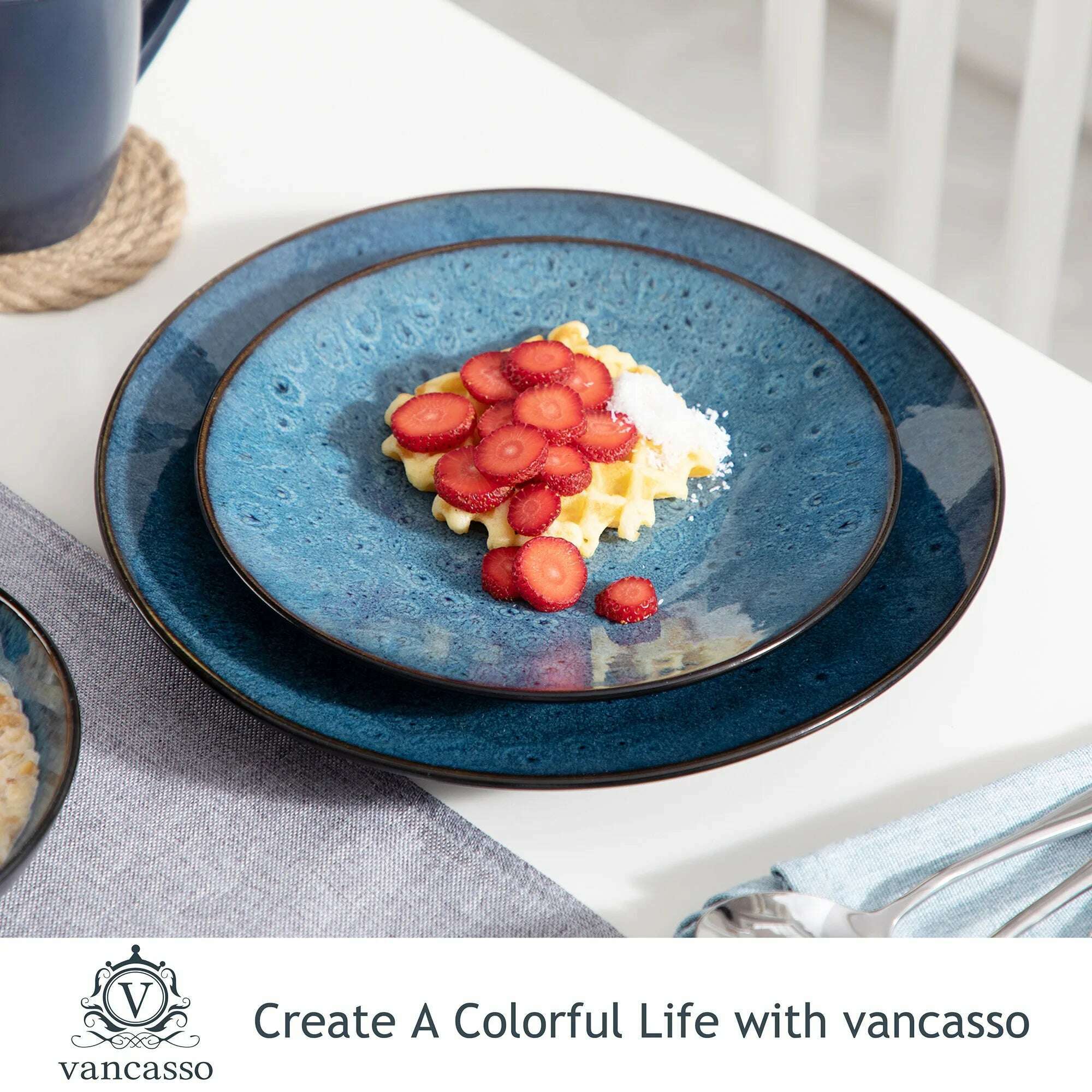 VANCASSO BUBBLE 16/32/48-Piece Tableware Set Vintage Ceramic Blue/Brown Stoneware Set with Dinner&Dessert Plate,Bowl,Coffee Cups - KIMLUD