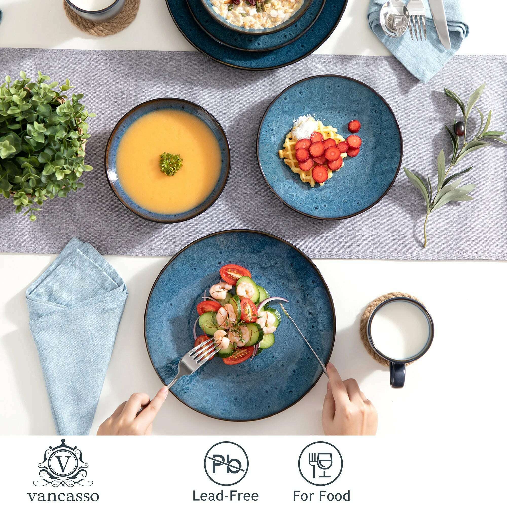 VANCASSO BUBBLE 16/32/48-Piece Tableware Set Vintage Ceramic Blue/Brown Stoneware Set with Dinner&Dessert Plate,Bowl,Coffee Cups - KIMLUD