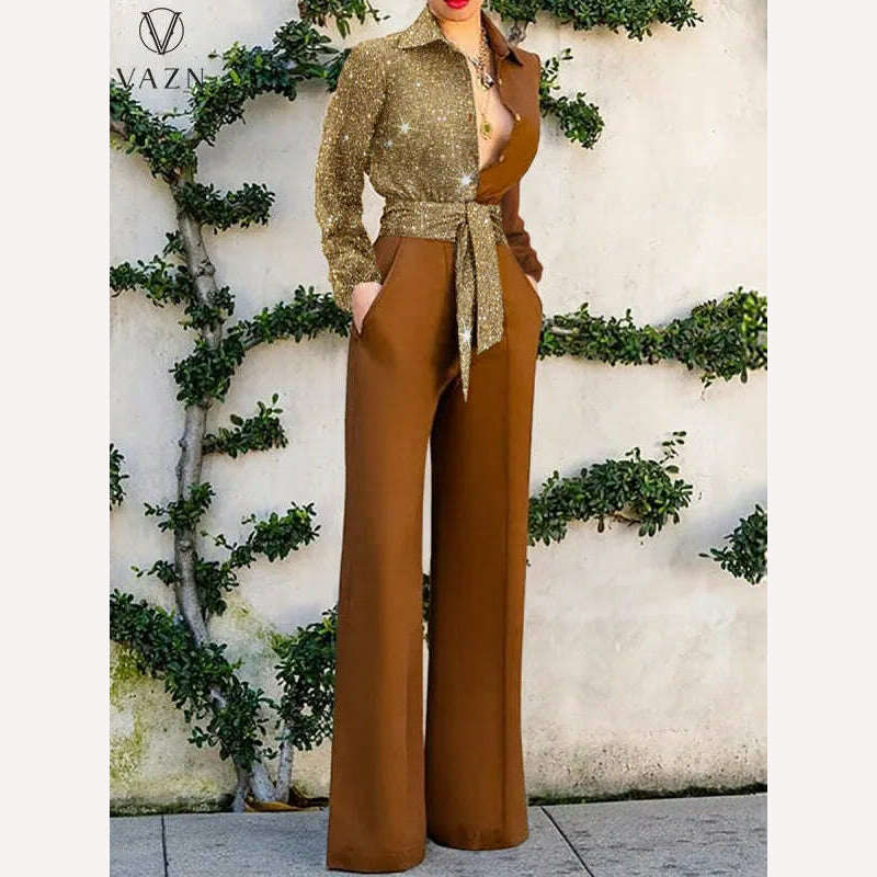 KIMLUD, VAZN 2022 Sequins High Street Style Women Spring Fashion New Jumpsuits Long Sleeve Lapel  Jumpsuits Long Pants, Yellow / S / CN, KIMLUD Womens Clothes