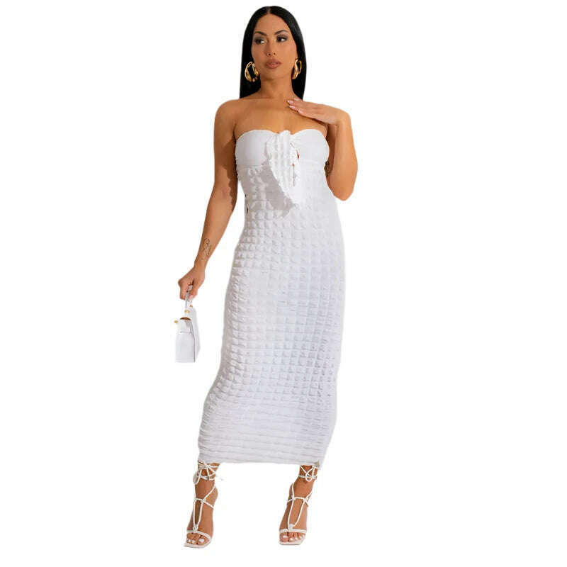 KIMLUD, VAZN 2023 Top Quality Young Sexy Club Solid Hollow out Strapless Sleeveless Backless Sweet Women High Waist Long Pencil Dress, KIMLUD Womens Clothes